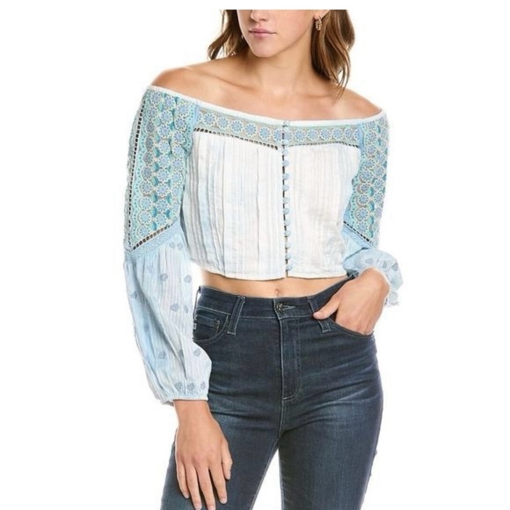 LoveShackFancy Blue Embroidered Off-Shoulder Blouse Sz 4 boho